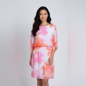 LONDON TIMES Cold Shoulder Sheer Floral Dress Mini Lined Bell Sleeves Size 8